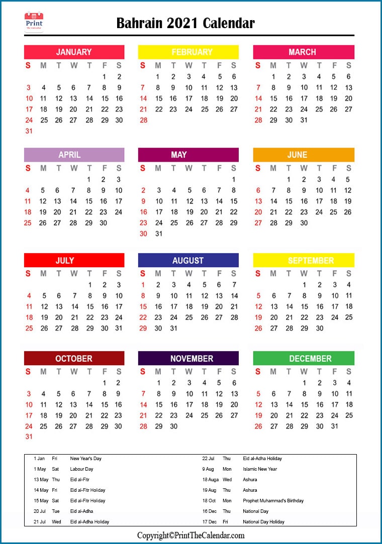 Bahrain Printable Calendar 2021